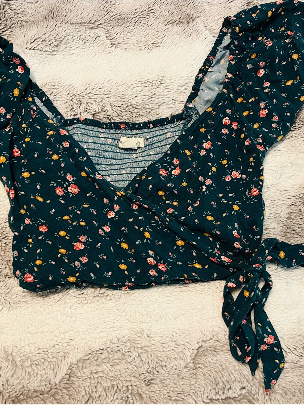 Aeropostale Teal Floral Tie-Front Crop Top